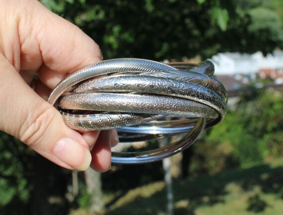 Six Silver Tone Metal Interlocking Bangle Bracele… - image 3