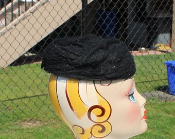 Vtg Black Velour Pillbox Hat United Hatters Cap Union Made  display picture 2