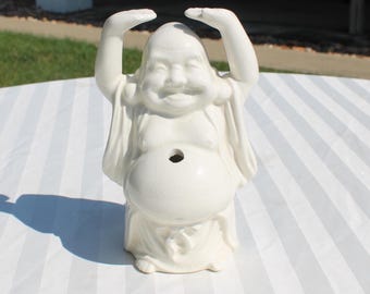 White Ceramic Buddha Figurine with Hand above his Head - Buddha Stick Incense Burner