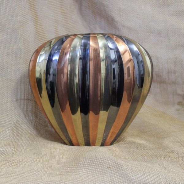 Tri Colored Brass Vase - Copper, Brass and Dark Pewter Gray Tone Striped Oval Vase with Ribbed Sides