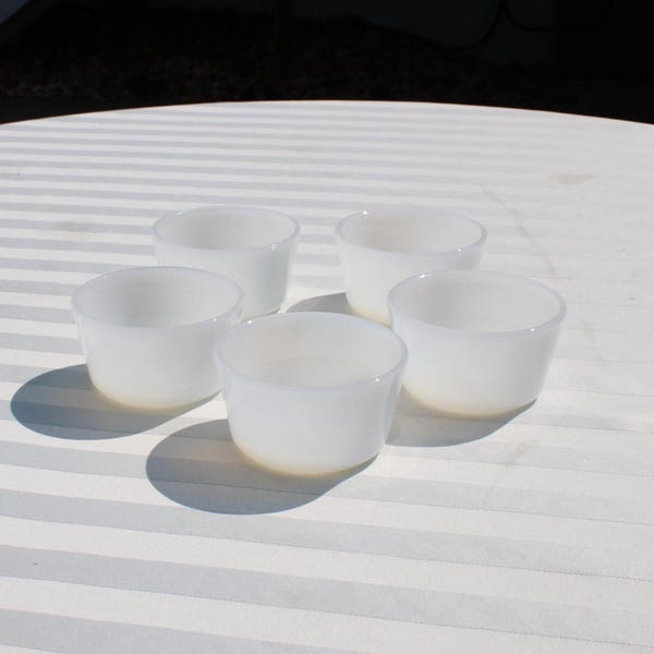 Set of Five Small Milk Glass Bowls from Glasbake -Pinch Bowls / Condiment Cups / Ramekins / Dipping Sauce Bowl - Salt Cellars