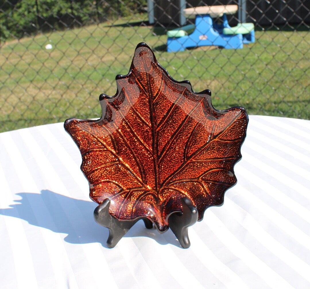 Iridescent Copper Colored Glass Leaf Bowl / Dish Glass Pebbled and