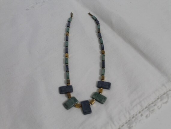 Square Beaded Necklace in Marbleized Blue and Gre… - image 5