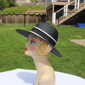 Vintage Fedoria Elegant Wide Brim Straw Hat with Navy Bow and White Tulle Accent Fedoria - Etsy main image 2