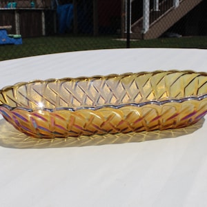 Carnival Glass Oval Tray in Pretzel Amber Pattern by Indiana Glass Co - Gold Iridescent Glass Celery or Cracker Tray