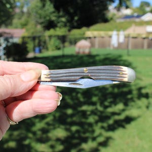 May include: A small pocket knife with a silver blade and a handle featuring a dark brown, ridged design. The knife is held in a hand against a blurred green background, suggesting an outdoor setting.