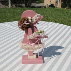 Wooden Girl Shelf Sitter Home Decor in Mauve with Lace and Flowers - Home Decor - Shabby Chic - Country French - Farmhouse
