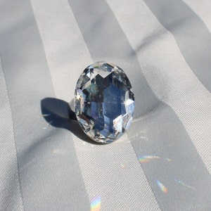 Large Oval Faceted Glass Stone in Silver Tone Setting Ring - Size 7 1/2 / 8 -  Clear Glass Stone Statement Ring