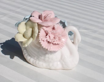 Porcelain Swan Taper Candled Holder with Applied Pastel Flowers by Arco