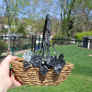 Dark Gray Wire and Wicker Basket - Round Handled Shallow Wire / Wrought Iron and Wicket Basket -  Metal & Wicker Basket with Leaves