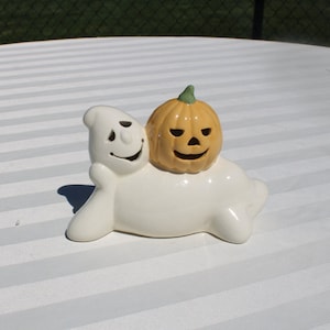Small Ghost with Orange Jack O Lantern Pumpkin Halloween Decor - Cutout Ghost and Pumpkin Figurine