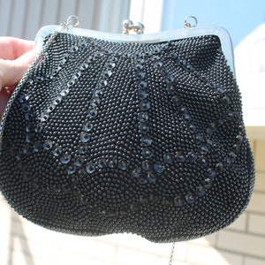 Black Evening Bag / Purse with Beads, Sequins and Silver Tone Trim
