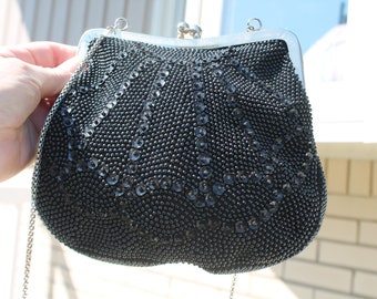 Black Evening Bag / Purse with Beads, Sequins and Silver Tone Trim