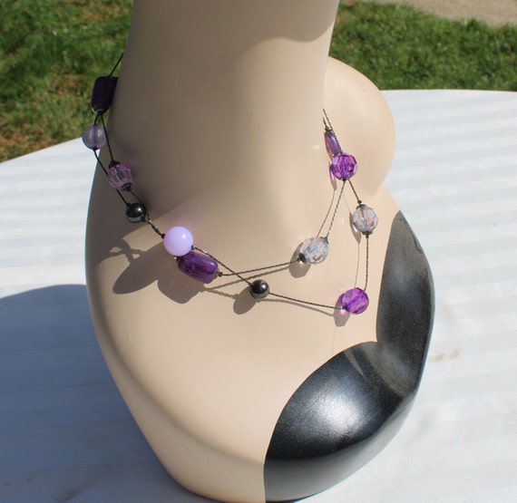 Long Varying Purple Beaded Necklace with Dark Gra… - image 7