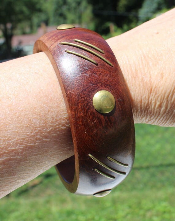 Wooden Bangle Bracelet with Brass Dots and Lines … - image 3