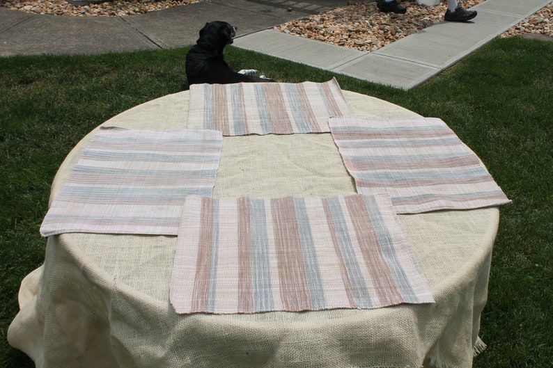 Set of Four Woven Rectangle Placemats in Tan Brown Stripe and Blue Stripes