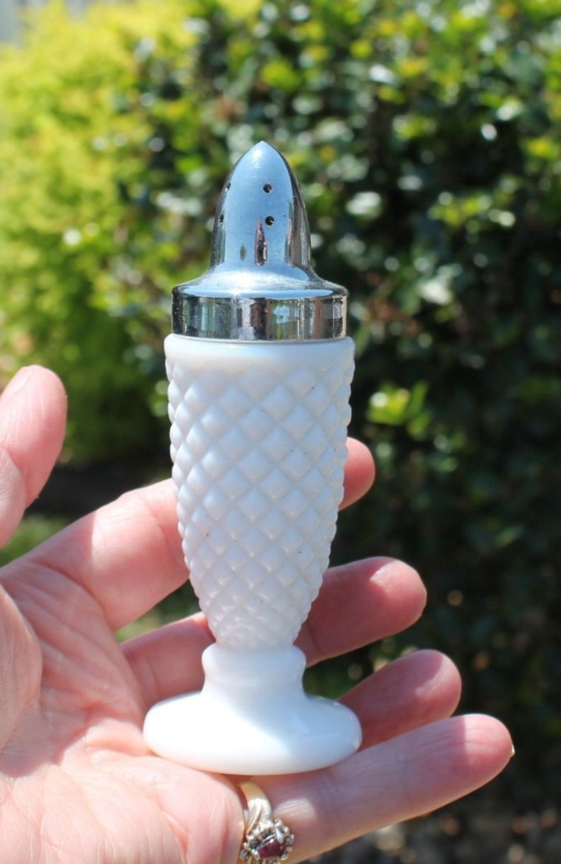 White Milk Glass Salt and Pepper Shakers in Diamond Pattern