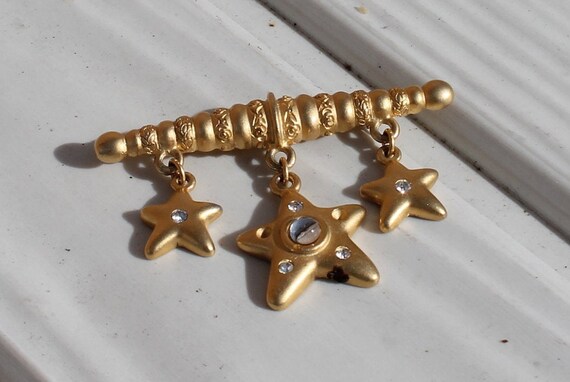 Gold Tone Bar Pin / Brooch with Drop Stars and Rh… - image 5