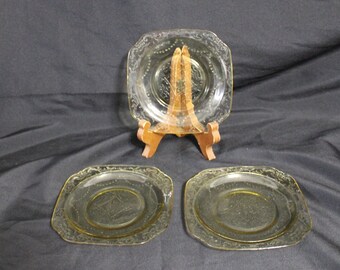 Set of Three Square Yellow Glass Dessert / Bread Plates from Federal Glass in the Madrid Pattern - Ornate Etched Depression Glass Plates