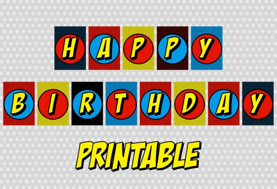 Printable Superhero Happy Birthday Banner Party Comic Sound Etsy