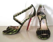 JIMMY CHOO Leather Shoes Lucite Heels Green Black Animal Print Vtg Sz Eu 38.5 US 8.5