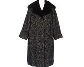 50s 60s Coat Vtg Black White Wool Tweed FULLY Lined in MINK w Mink Collar SM