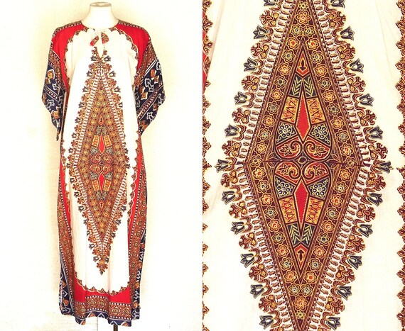 60s 70s Caftan Dress Vintage White Dashiki Angel S