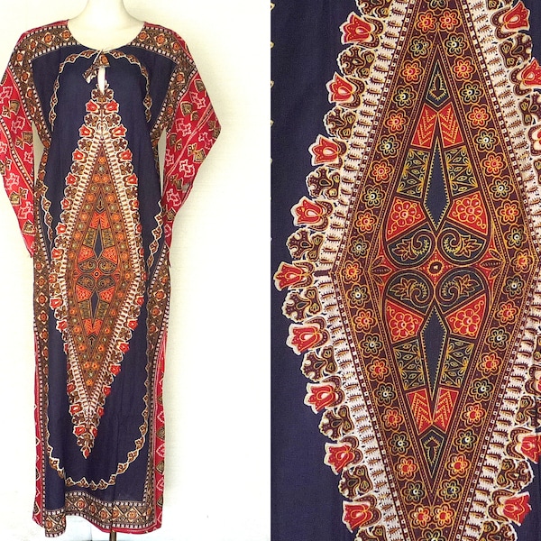 60s 70s Caftan Dress Vintage Blue Dashiki Angel Sleeves Hippie Deadstock