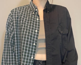 Upcycled Split Flannel Green Plaid and Black Denim Shirt Size XL/2XL