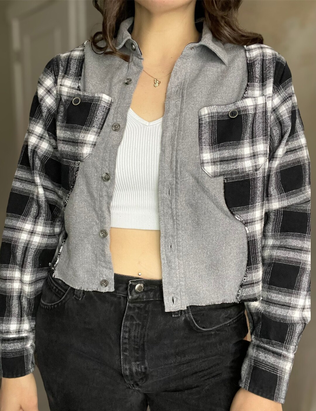 Upcycled Flannel Cropped Flannel Gray / Black Plaid Color Block Shirt ...
