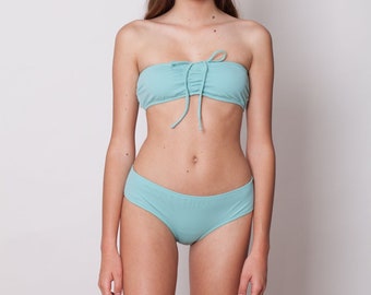 Conjunto de biquíni creme limão - Top de biquíni sem alças e parte inferior larga de biquíni de duas peças - Roupa de banho para mulheres