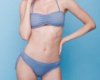 Gray Bandeau Bikini Set, Women's Minimalist Swimwear, Lwo Cut Bikini, Beach Vacation Bathing Suit, Trendy Summer Bikini