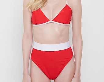 Vintage Style Bikini Set In Red And White, Triangles Top High Waisted Bikini Bottom High Cut Leg