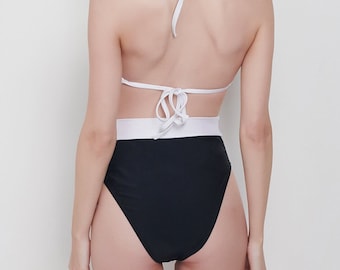 Bikini Set In Black And White - Triangles Top High Waisted Bikini Bottom High Cut Leg
