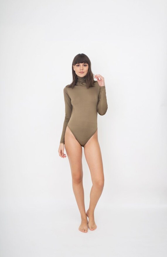 Long Sleeves Turtleneck Leotardm Gold One Piece Bodysuit 