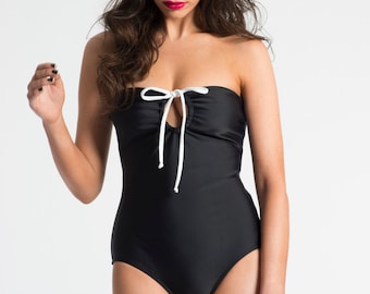 One Piece Unique Black Bathing Suit, Strapless Special Women Swimsuit
