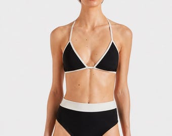Biquíni preto de cintura alta - Maiô de cintura alta, conjunto de duas peças, moda praia minimalista, moda praia feminina, biquíni preto clássico