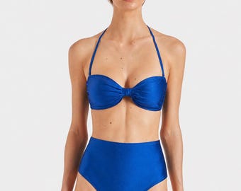 Conjunto de biquíni retrô de cintura alta - estilo anos 50 - top sem alças - biquíni de duas peças