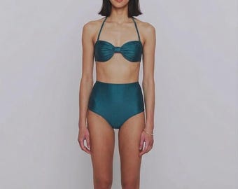 Conjunto de biquíni retrô de cintura alta estilo anos 50 - top sem alças - maiô de duas peças