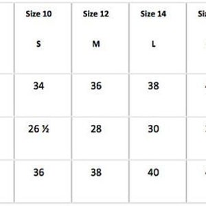 May include: Size chart for clothing with measurements in inches for bust, waist, and hips. Sizes range from XS to XXXL, corresponding to sizes 8 to 20.