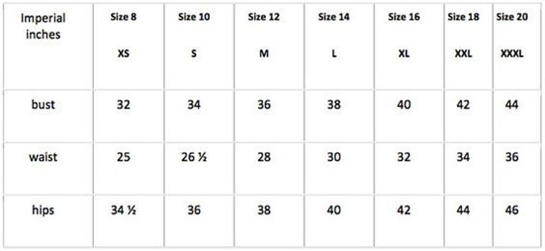 May include: Size chart for clothing with measurements in inches for bust, waist, and hips. Sizes range from XS to XXXL, corresponding to sizes 8 to 20.