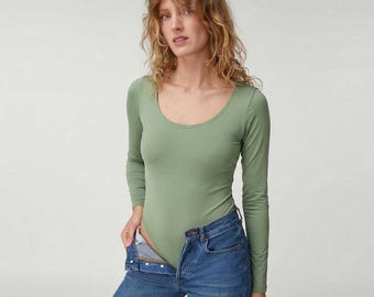 Body de Lycra Verde: Collant de Manga Longa com Costas Abertas