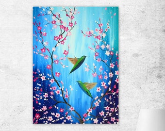 hummingbird, hummingbirds, paintings with cherry bloosom, paintings of cherry blossom, cherry blossom paintings, Australian art, art 36"x24"