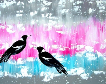 magpie, magpies, magpie art, pink and grey art, grey and pink art, pink art, grey art,art from australia, magpies on, canvas, art 36" x 24"