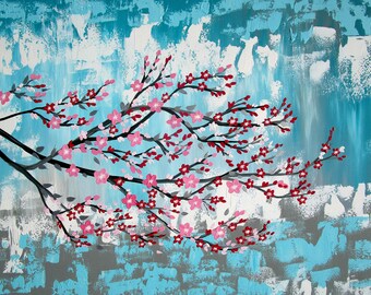 hamptons art, hamptons prints, sakura branches, sakura painting, sakura print, sakura prints, paintings of cherry blossom, blossoms, 36"x24"