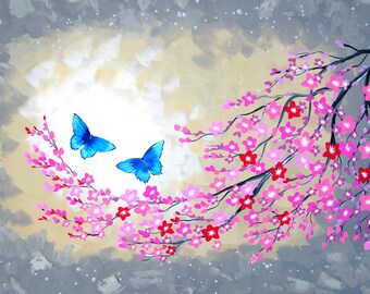 gray and pink art, pink paintings , pink art, cherry blossom art, with cherry blossoms, and butterflies, art with butterflies, art, 90x60cm