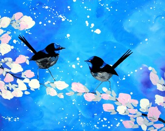 cherry blossom painting, original paintings, mountain, bluebirds, art, anniversary gift, wedding gift, wedding gifts, for couples, 90cmx60cm