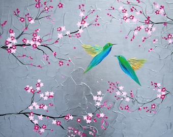 japanese cherry blossom, cherry blossom branch, grey painting, cherry blossom art,japanese tree, japanese blossom, blossom painting, 36"x24"