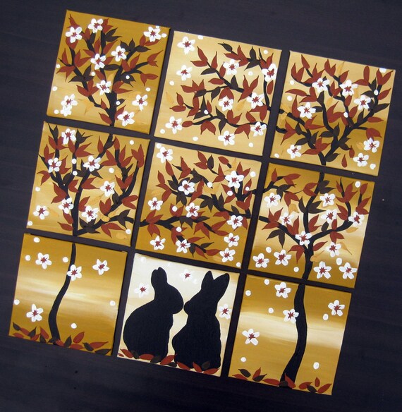 Paintings Rabbits Rabbit Art Painting Bunnies Flowers Nursery Bedroom Decor Tan Brown Cute Art Yellow Small 12 X 12