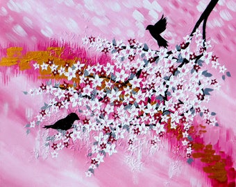 cherry blossom painting, sakura gift, sakura painting, painting of, cherry blossoms, pink, Japanese, painting, paintings, gifts, 16" x 20"